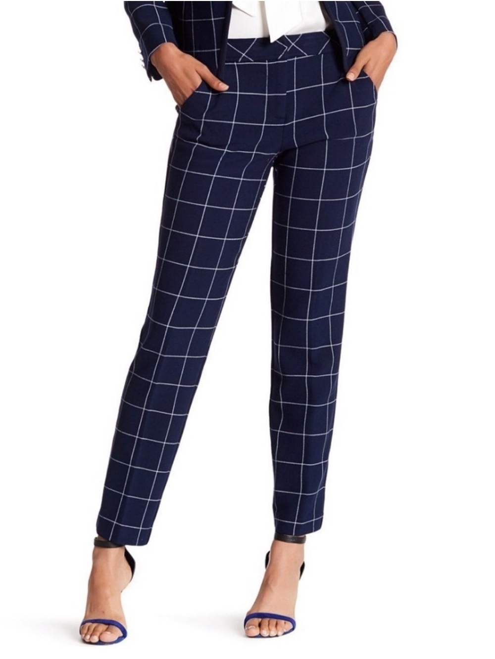 Trina Turk Elian Windowpane Skinny Ankle Pants Navy White Size 4 Career Office